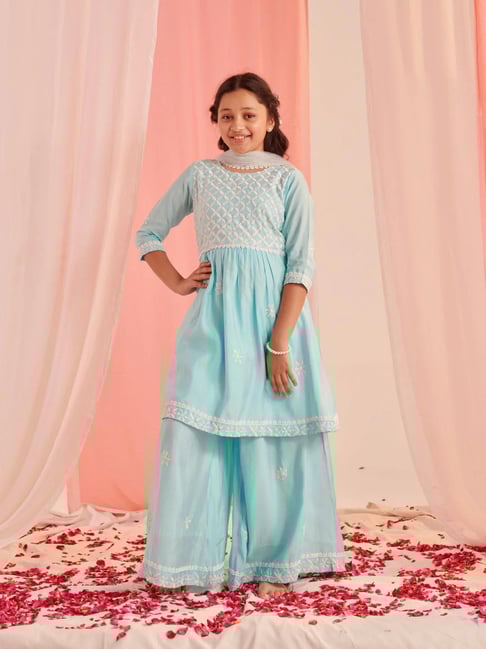 Pspeaches Girls Firozi Regular Fit Embroidered Kurta Set-picture-26