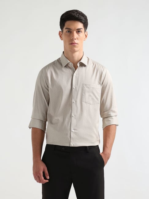 arrow brown cotton slim fit printed shirt