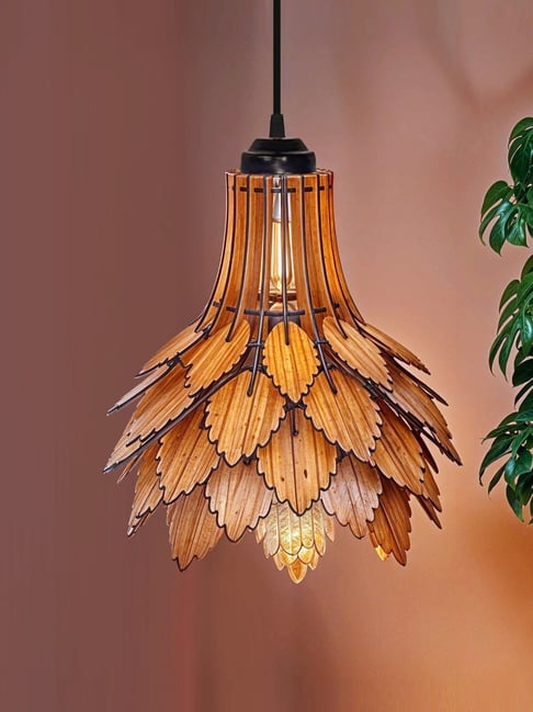 Handcraft Wooden Pendant Lamp Autumn Leaf Design Ceiling Light with Black Metal Canopy Leaf Style