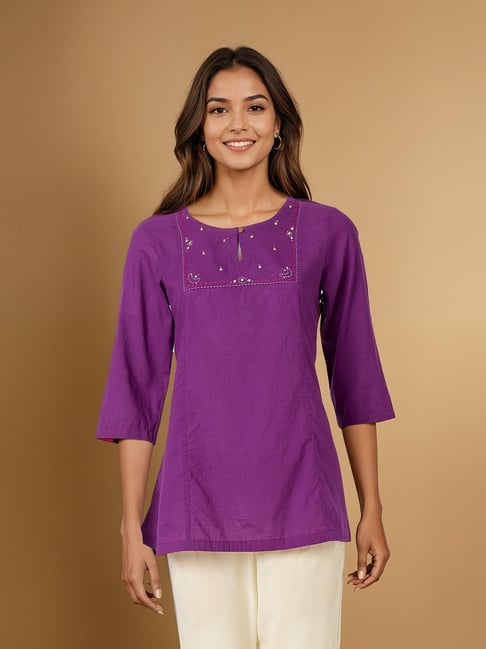 Taneira Purple Cotton Embroidered Short Kurti