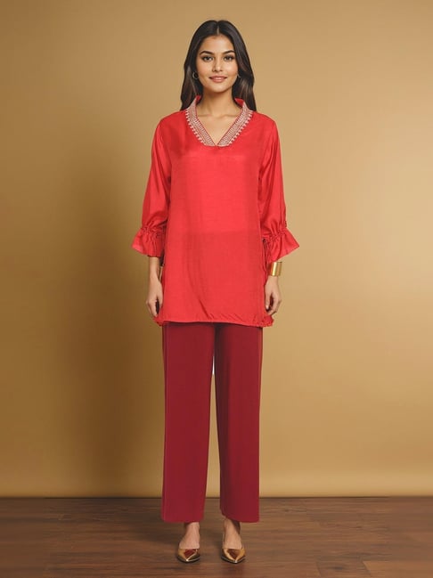 Taneira Dark Orange Viscose Embroidered Short Kurti-picture-15