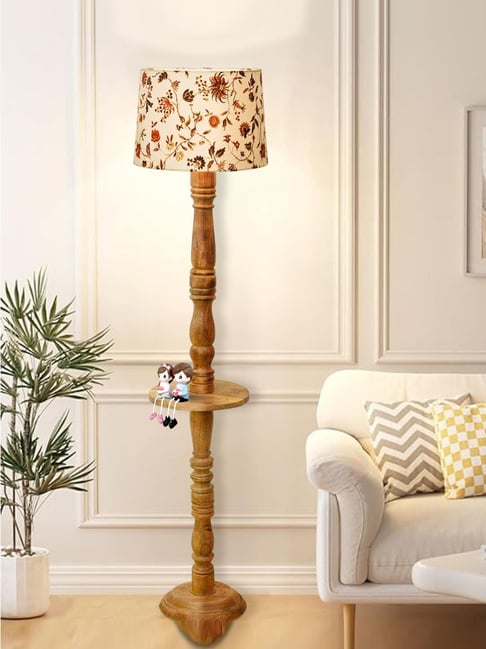 Rustic Walnut Wood Floor Lamp with Multicolor Fabric Shade