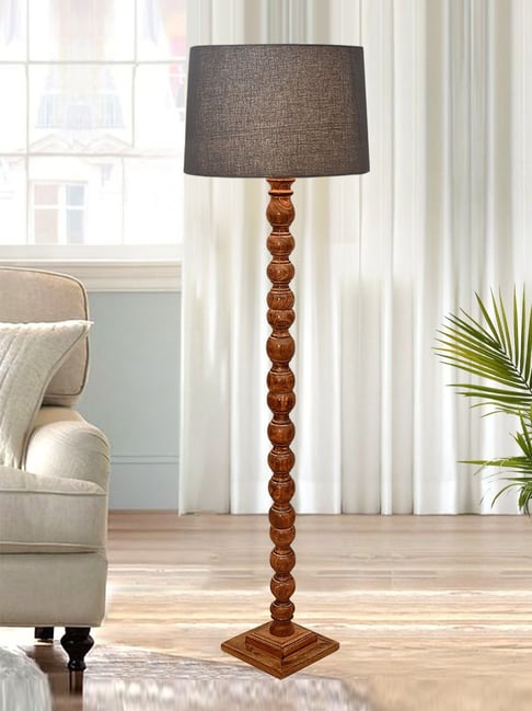 Rustic Walnut Wood Floor Lamp with Multicolor Fabric Shade Sweetie Round