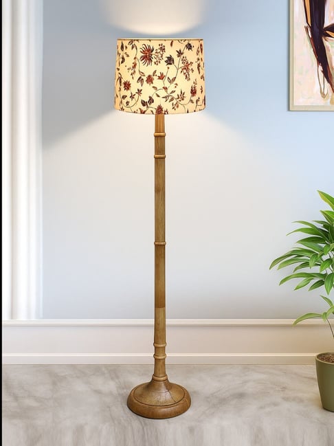 Rustic Wood Floor Lamp in Walnut Brown Multicolor Fabric Lamp