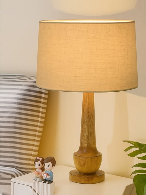 Homesake Rustic Turnip Wood Table lamp farmhouse Living Room Light Khadi  fabric shade