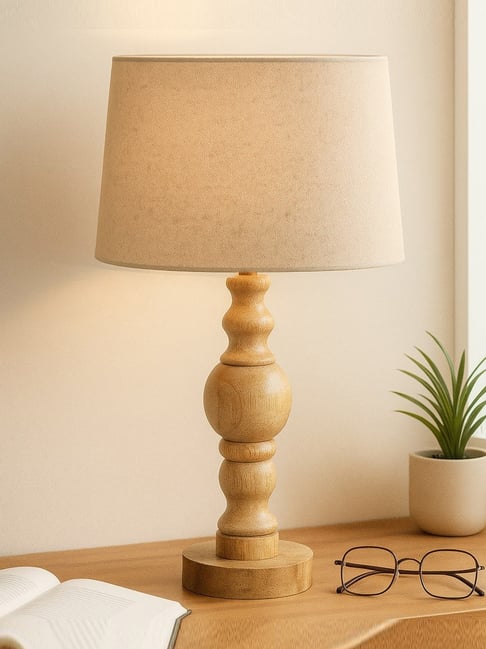 Homesake Industrial Wood Bubble Bedside Table Lamp farmhouse Living Room  Light Jute fabric Shade