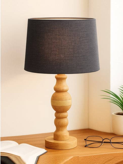 Homesake Industrial Wood Bubble Bedside Table Lamp farmhouse Living Room  Light Grey fabric Shade