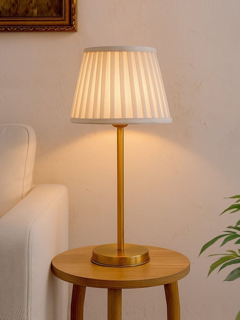 Gold Table Lamp Modern Metal Bedside Lamp with Khadi Frill Drum Shade