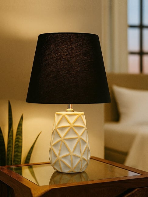 Homesake Nordic Ceramic Bedside Table Lamp with Cotton Fabric Shade  Whitewash Base Black Finish