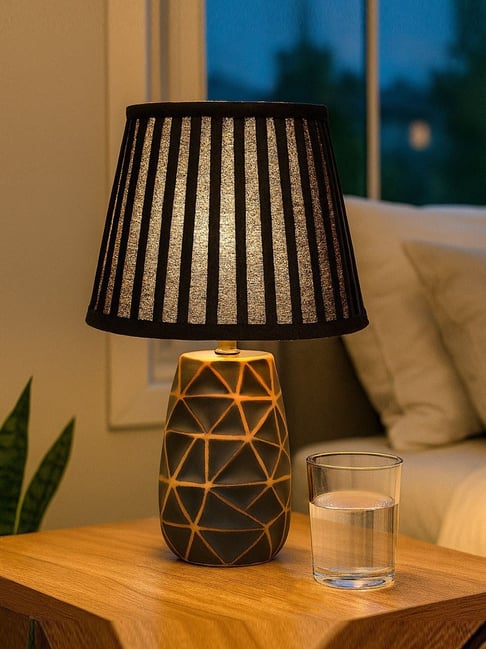 Homesake Contemporary Ceramic Bedside Table Lamp with Cotton Fabric Shade  Prism Khadi Frill