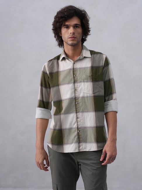 Crimsoune Club Olive Cotton Slim Fit Checked Casual Shirt-picture-10