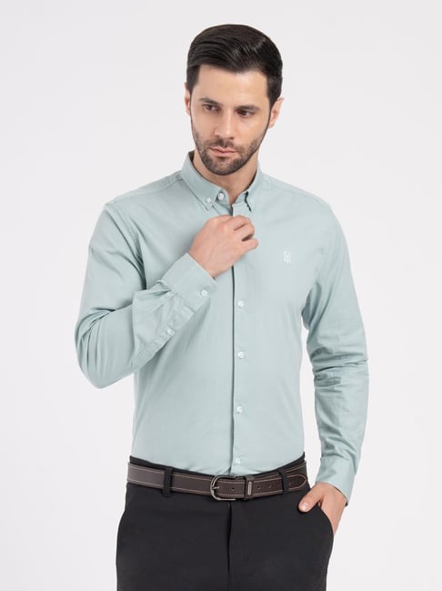 Red Tape Sea Green Cotton Solid Relaxed Fit Shirt