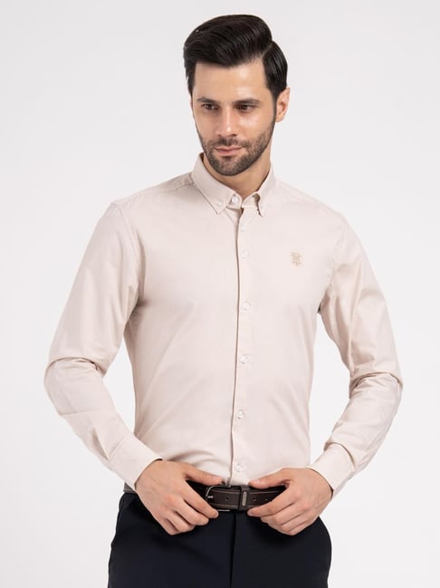 Red Tape Light Beige Cotton Solid Relaxed Fit Shirt
