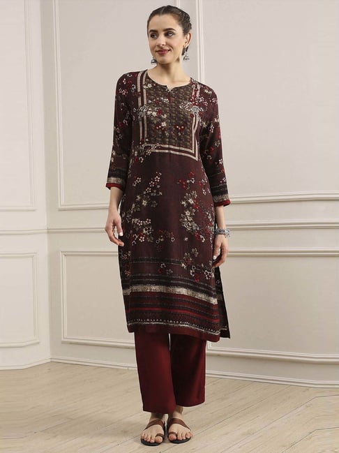 Biba Brown Straight Fit Floral Print Kurta-picture-32