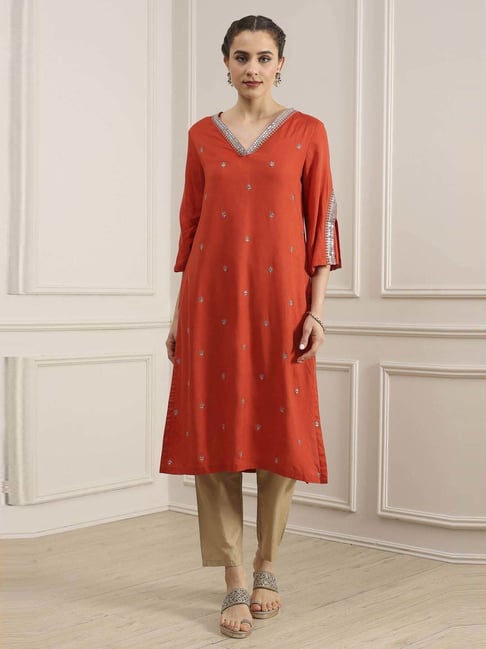 Biba Orange Straight Fit Embroidered Kurta-picture-24