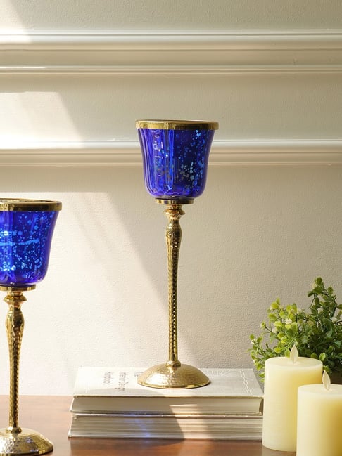 Pure Home and Living Blue Glass Hurricane with Hammered Base
