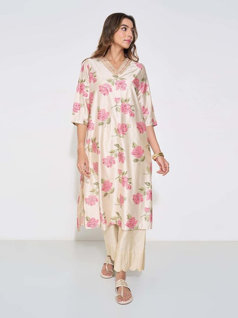 Rangmanch By Pantaloons Off White Regular Fit Floral Print Kurta-picture-45