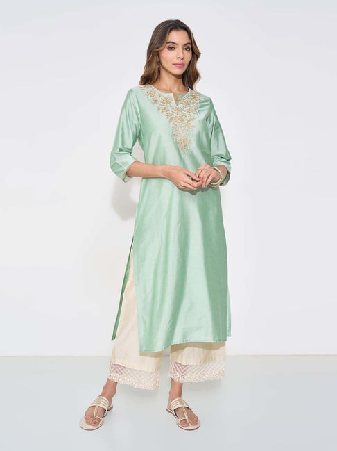 rangmanch by pantaloons brilliant green regular fit embroidered kurta