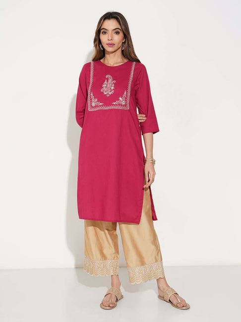 Rangmanch By Pantaloons Rose Red Regular Fit Embroidered Kurta-picture-17