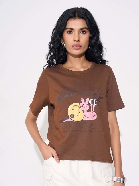People By Pantaloons Downtown Brown Relaxed Fit Printed T-Shirt-picture-15