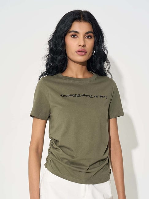 People By Pantaloons Burnt Olive Regular Fit Embroidered T-Shirt-picture-13