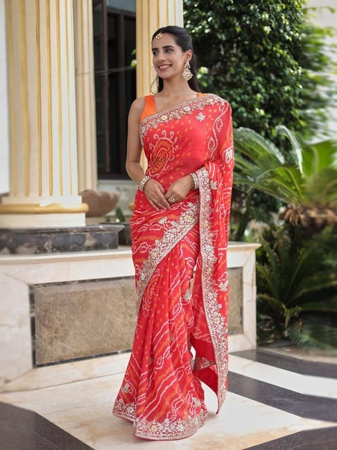 Zari Jaipur Orange Georgette Embroidered Saree With Unstitched Blouse Piece-picture-14