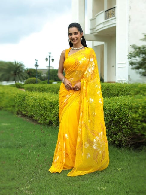 Zari Jaipur Yellow Chiffon Embroidered Saree With Unstitched Blouse Piece-picture-16