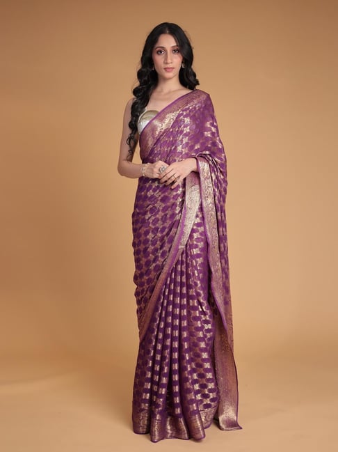Zari Jaipur Purple Georgette Woven Design Saree With Unstitched Blouse Piece-picture-15