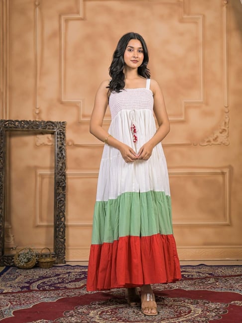 Zari Jaipur Off White Cotton Solid A- Line Dress