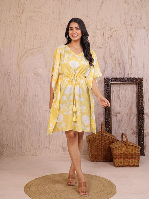 Zari Jaipur Yellow Silk Printed Kaftan Kurti