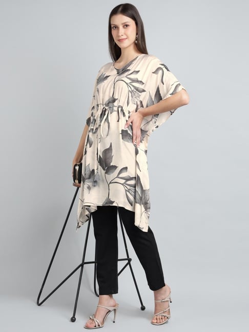 Zari Jaipur Cream Silk Printed Kaftan Kurti