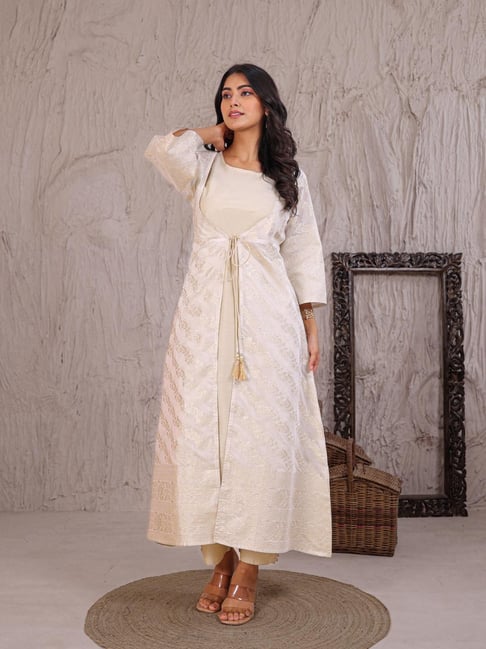Party Wear Kurti With Shawl Dress Long Kurti Scarf Style On Kurti Cotton  White Women Kurta