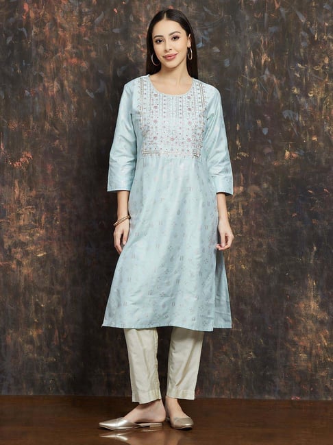 Melange By Lifestyle Light Blue Regular Fit Embroidered Kurta-picture-22