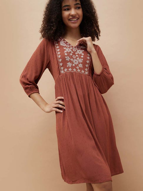 Fame Forever By Lifestyle Brown Regular Fit Embroidered Dress-picture-30