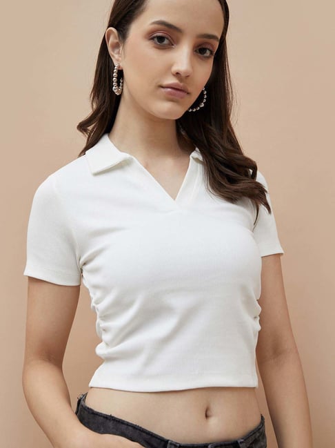 Ginger By Lifestyle Off White Cotton Regular Fit Polo Top-picture-29