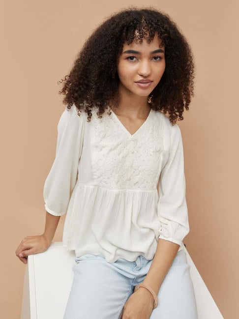 Fame Forever By Lifestyle Off White Regular Fit Self Pattern Top-picture-27