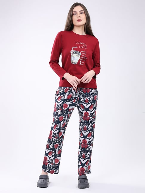 Monte Carlo Maroon Cotton Regular Printed Sleepwear & Ropes