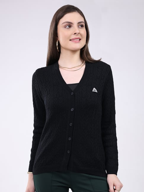 Monte Carlo Black Wool Regular Woven Design Cardigan-image-13