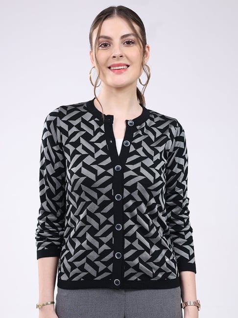 Monte Carlo Black Wool Regular Geometric Cardigan-image-45