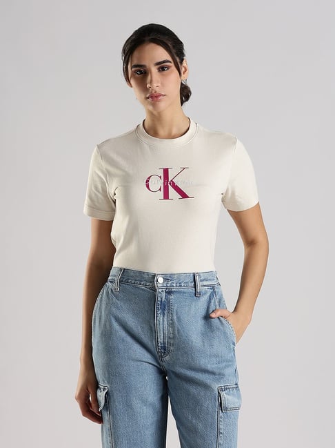 Calvin Klein Jeans Beige Cotton Regular Fit Logo Printed T-Shirt