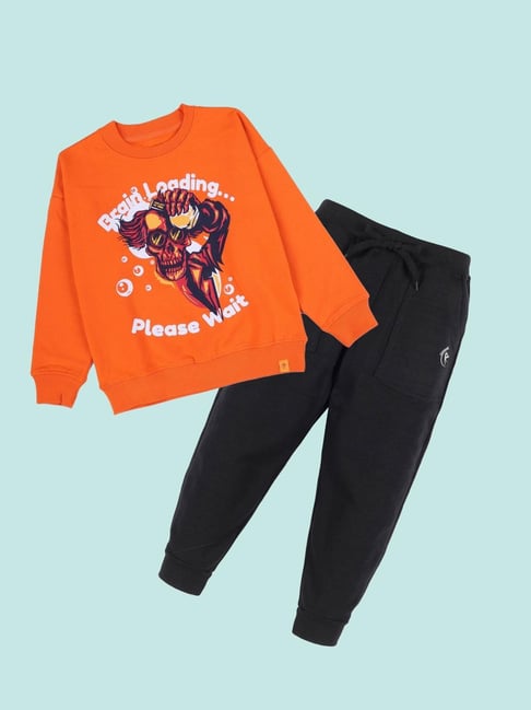 Kiddopanti Kids Orange & Black Printed Track Suits-picture-24