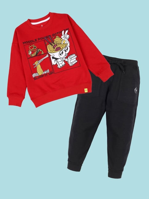 Kiddopanti Kids Red & Black Printed Track Suits-picture-28
