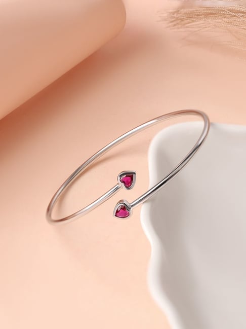 Ornate Jewels 925 Silver Rhodium Plating Heart Red Ruby Cuff Bangle for Women