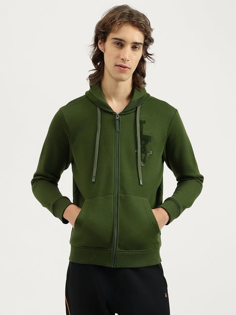 United Colors Of Benetton Olive Relaxed Fit Printed Hoodie