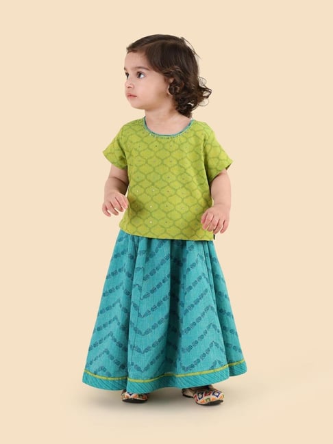 Fabindia Kids Teal Printed Cotton Regular Fit Lehenga Set-picture-36