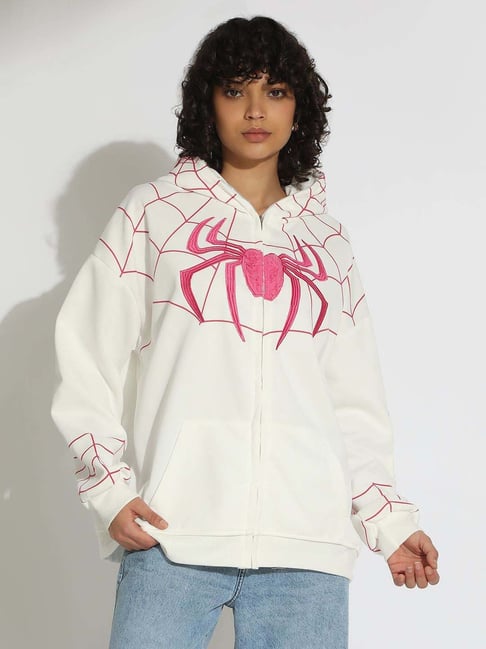 Showoffff White Cotton Regular Fit Embroidered Hoodie