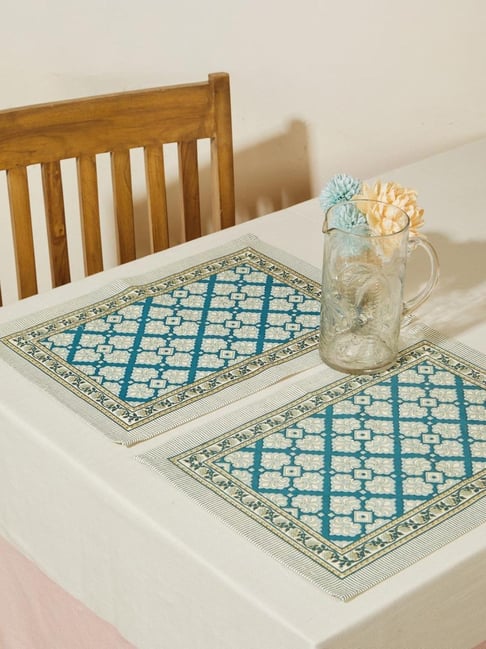 Fabindia Teal Ambara Cotton Printed Mat Set of 6-picture-15