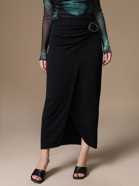 Kazo Black Polyester Ankle Length Skirt