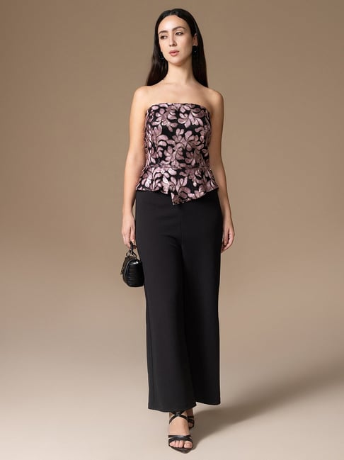 Kazo Black Pink Polyester Floral Print Jumpsuit