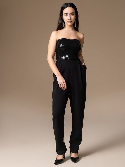 Kazo Black Polyester Embellished Jumpsuit